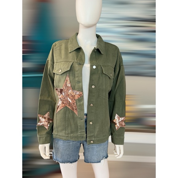 BLUE VELVET Embellished jean jacket sequin stars sz S M L - Picture 4 of 8